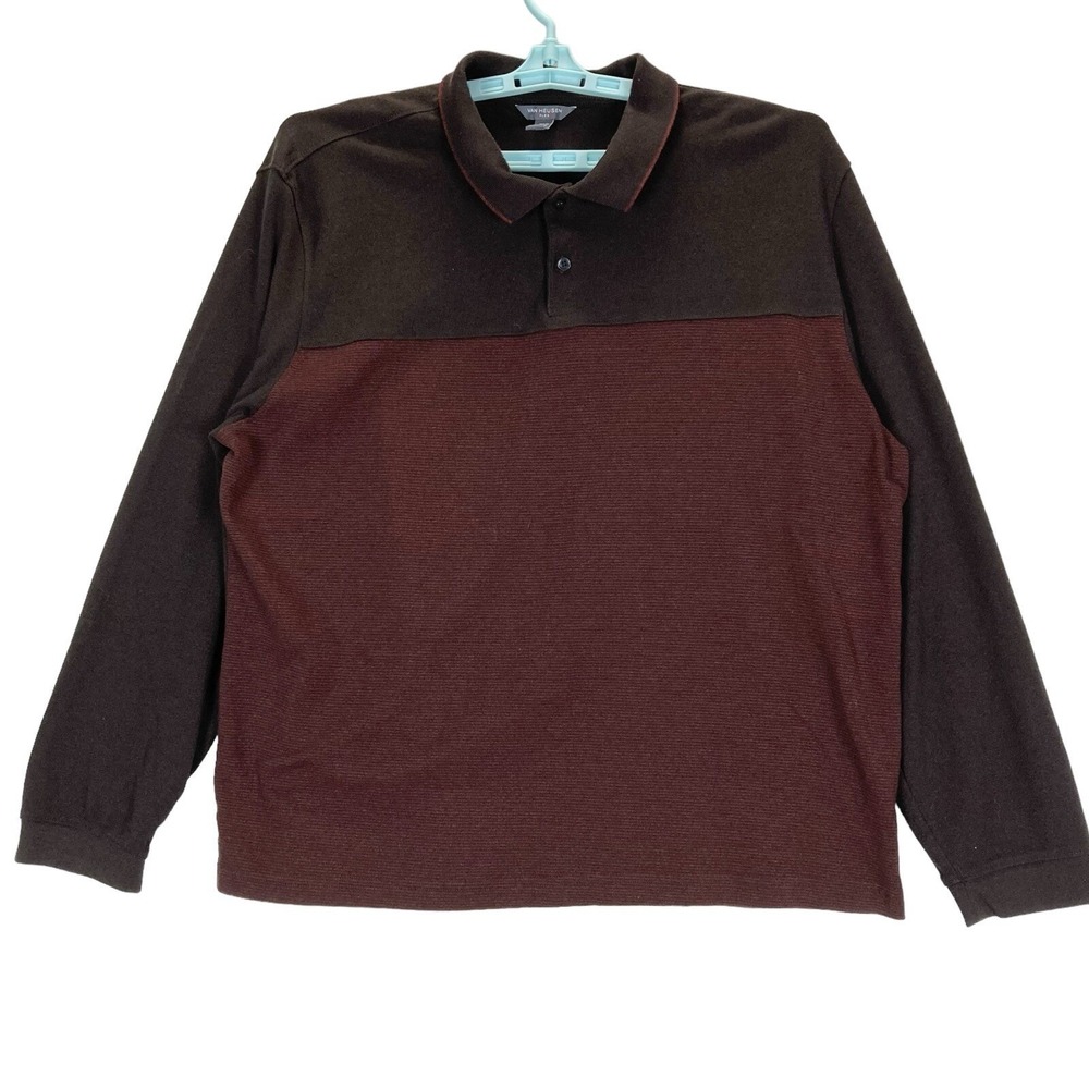 Van Heusen Men's Flex Polo Size XXL Pull Over Classic Button Brown Wine Striped